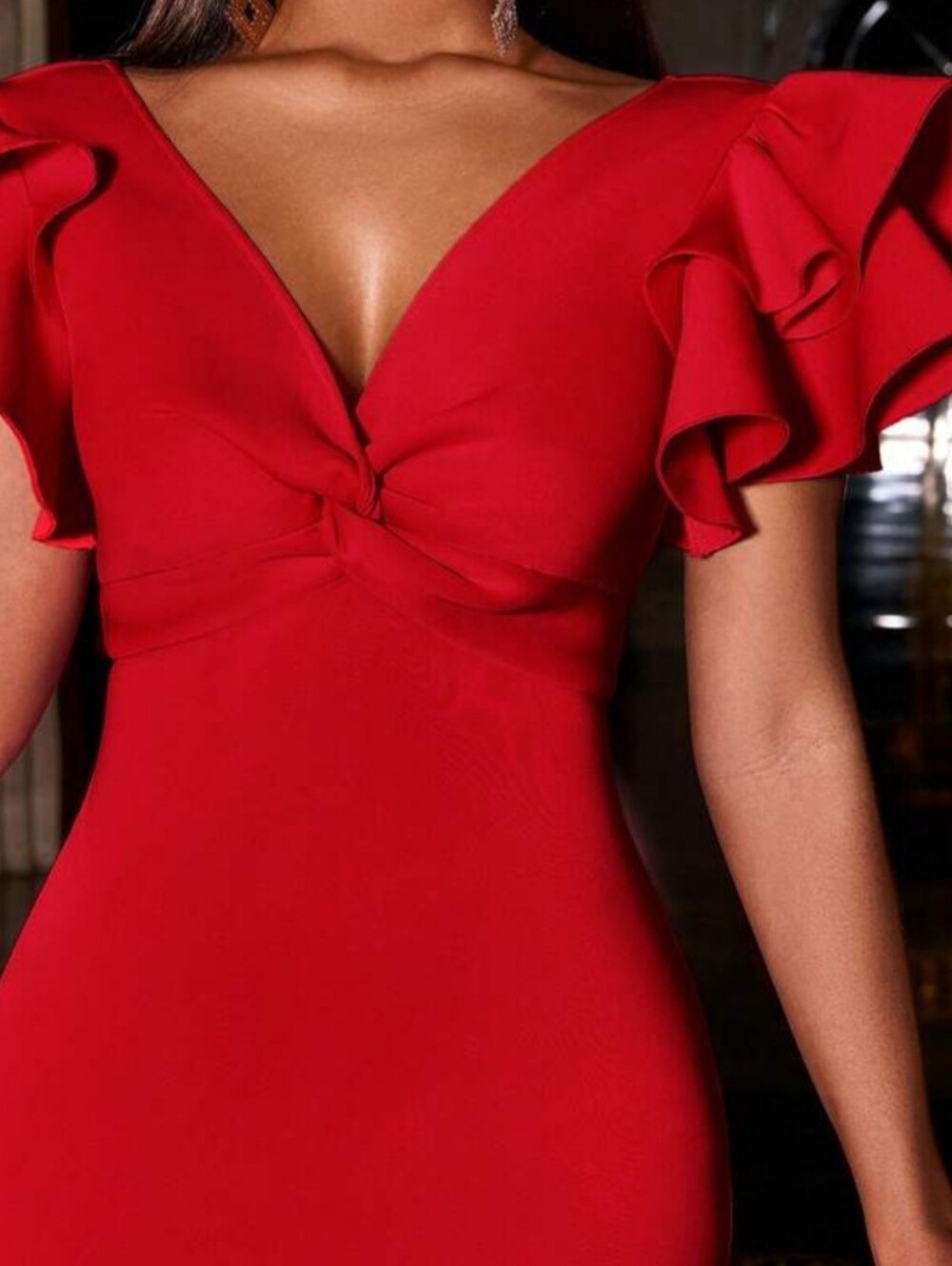 Red Ruffle V-Neck Mermaid Dress - Picture 3 of 4